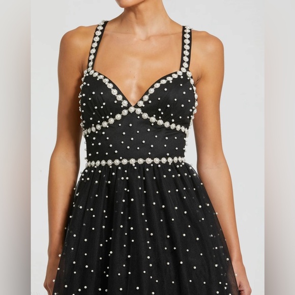 NWT $698 MAC DUGGAL Black Pearl Beaded High Low Gown Dress Tulle 20747 - Picture 2 of 5